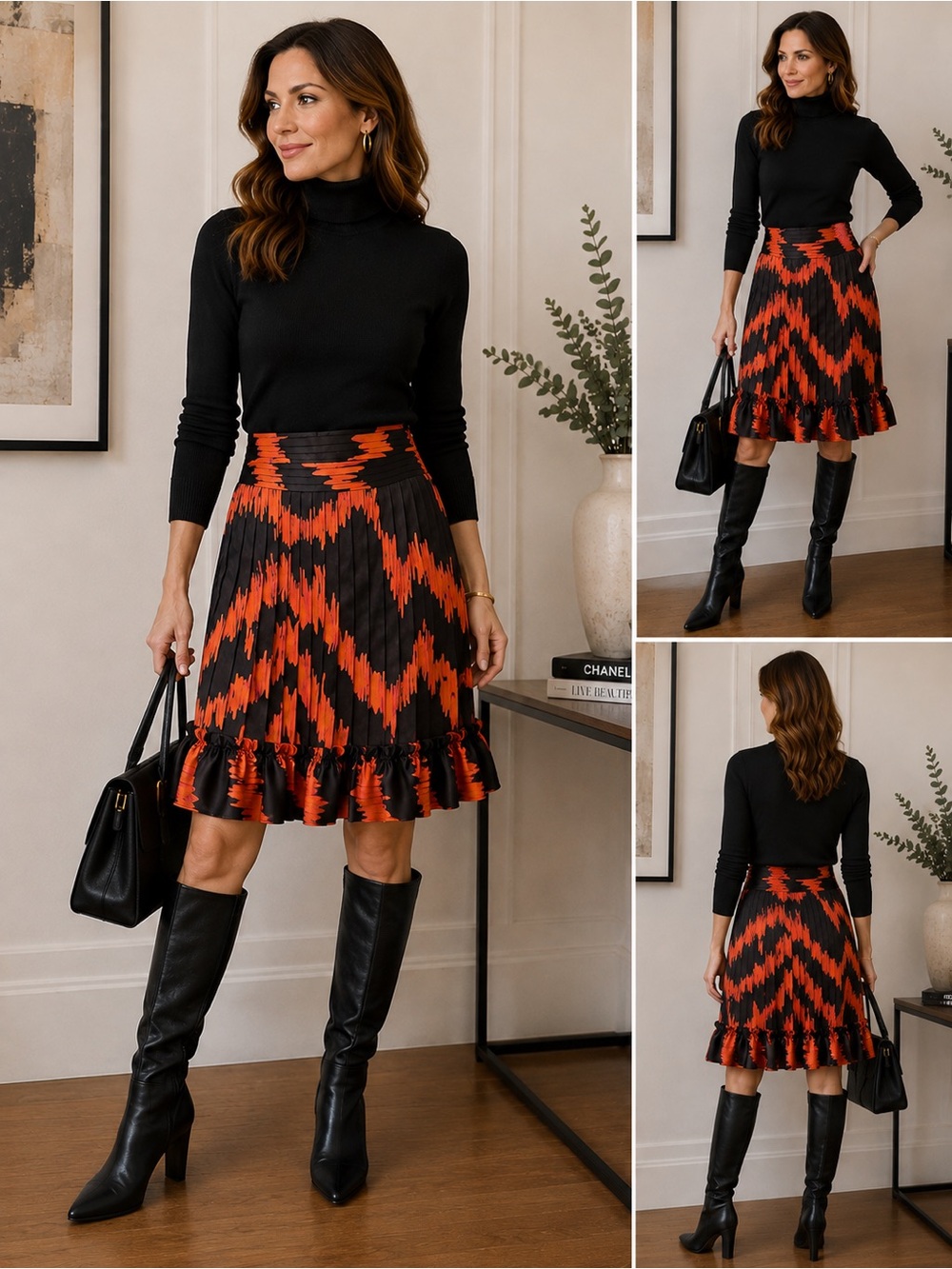 Etcetera Woman’s Size 8 100% Silk Skirt Black /Orange Pleated Ruffle Hem Career